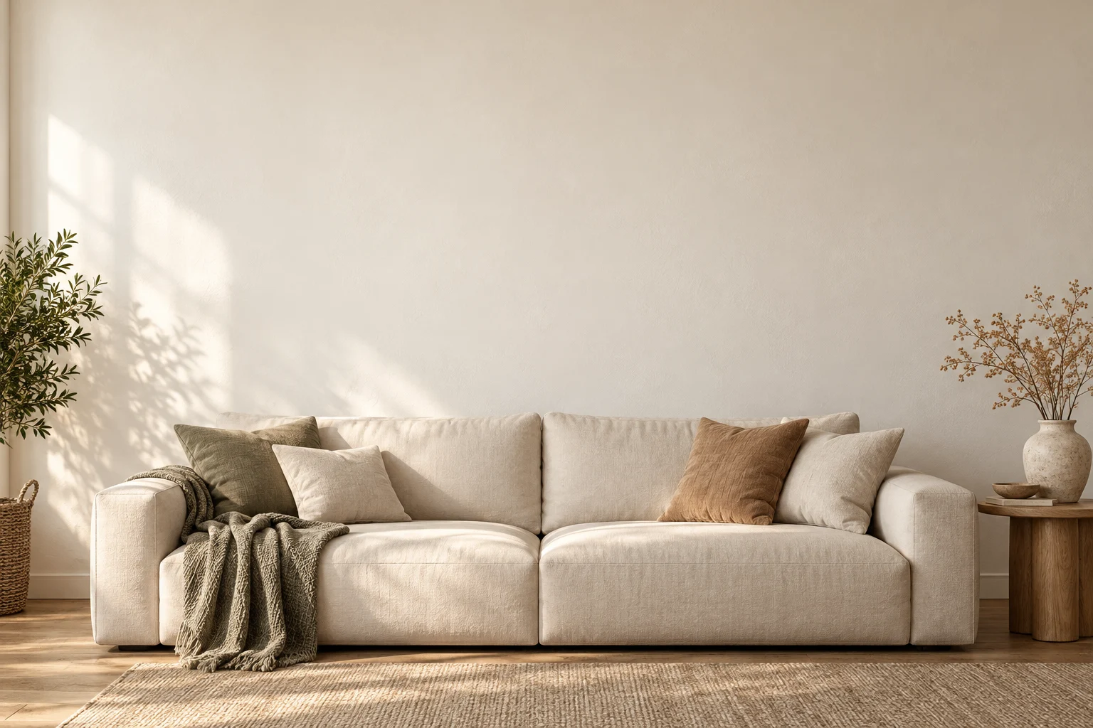 Warm living room with a cream sofa and an ivory wall